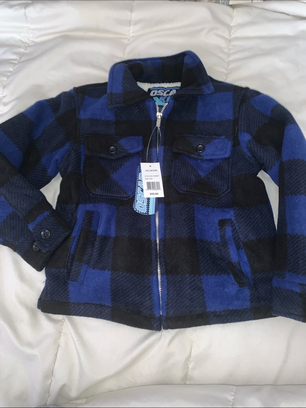 Oscar Kids' Blue and Black Plaid Pea Coat Jacket
